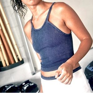 NEW Free People Happiness Runs Long Crop Top Medium-Large Vintage Navy/P…